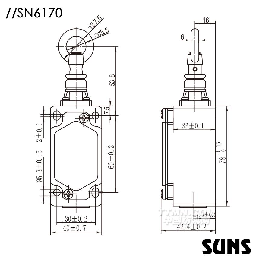 SUNS美國三實自復位拉繩開關SN6170安全拉繩開關 單向動作式拉繩開關 尺寸圖 SUNS美國三實自復位拉繩開關SN6170安全拉繩開關 單向動作式拉繩開關 尺寸圖