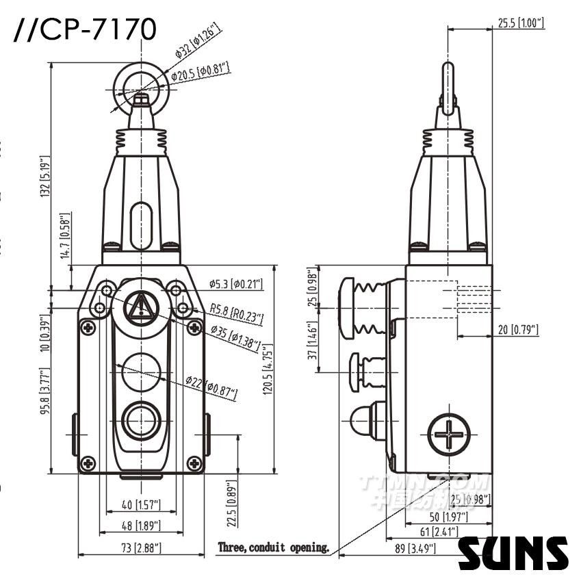 SUNS美國三實帶急停按鈕拉繩開關(guān)CP7170-SL22-C-R-E防水安全開關(guān) 尺寸圖 SUNS美國三實帶急停按鈕拉繩開關(guān)CP7170-SL22-C-R-E防水安全開關(guān) 尺寸圖